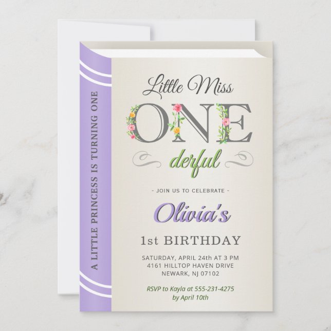 Invitation Lavender Miss Onederful Girl 1er Anniversaire (Devant)