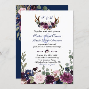 Invitation Lavender Navy Blue Floral Bloom Antlers Mariage