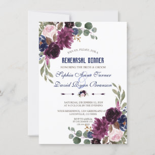 Invitation Lavender Navy Blue Floral Bloom Dîner de répétitio