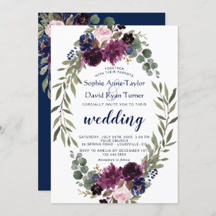 Invitation Lavender Navy Blue Floral Bloom Mariage