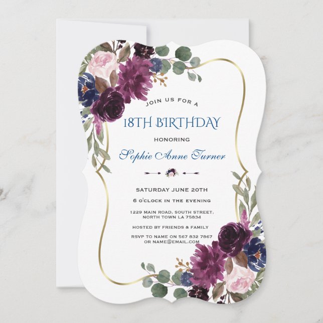 Invitation Lavender Navy Gold Floral Bloom 18e anniversaire (Devant)