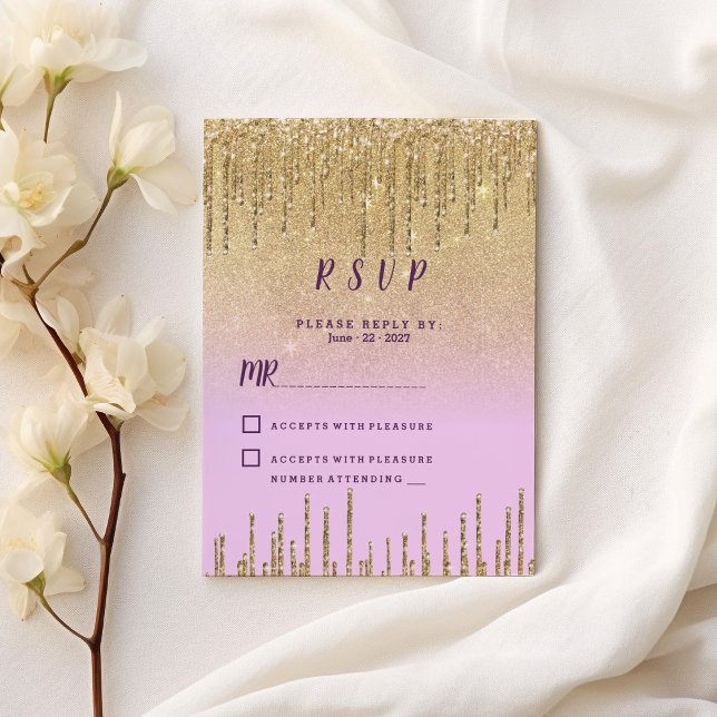 Invitation Lavender or parties scintillant ombre gouttes luxe (Lavender gold glitter ombre drips luxury RSVP)