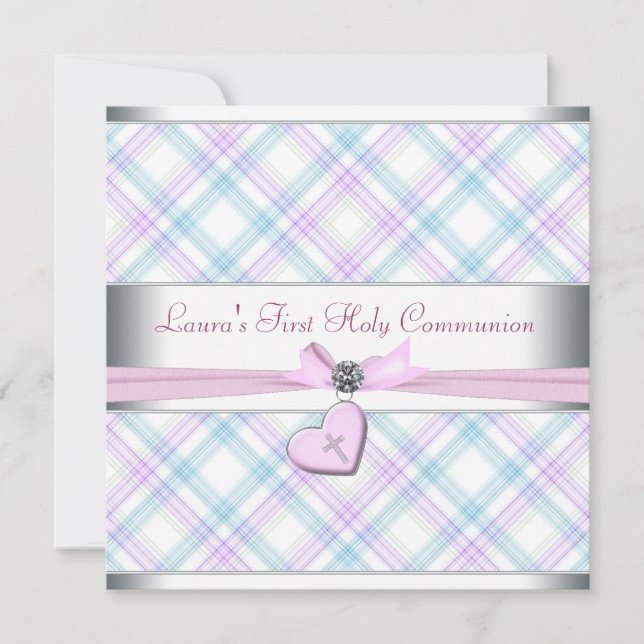 Invitation Lavender Pink Heart Pink Cross First Communion (Devant)