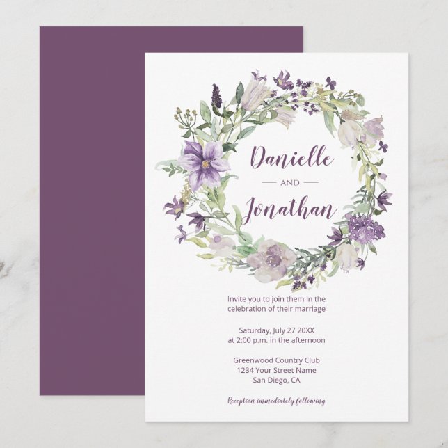 Invitation Lavender Plum Purple Creme Floral Mariage Wreath | (Devant / Derrière)