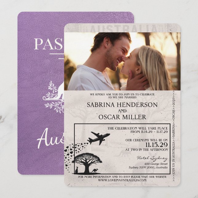 Invitation Lavender Purple Australie Mariage de passeport (Devant / Derrière)