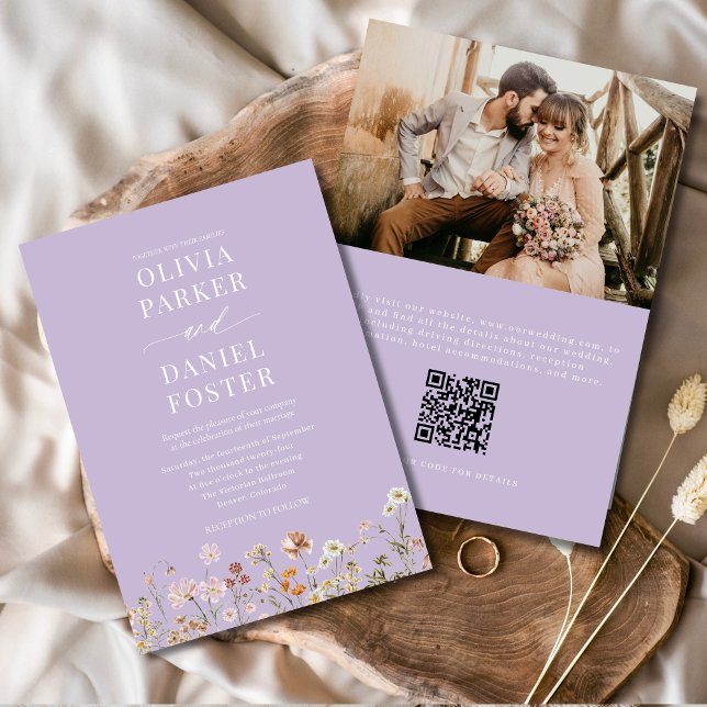 Invitation Lavender Purple Fleur sauvage QR Code Mariage phot (Créateur téléchargé)