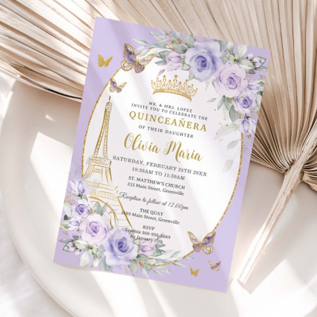 Invitation Lavender Purple Floral Butterflies Quinceañera 16 (pastel-soft-lavender-purple-lilac-floral-flowers-butterflies-gold-eiffel-tower-paris-france-invite)
