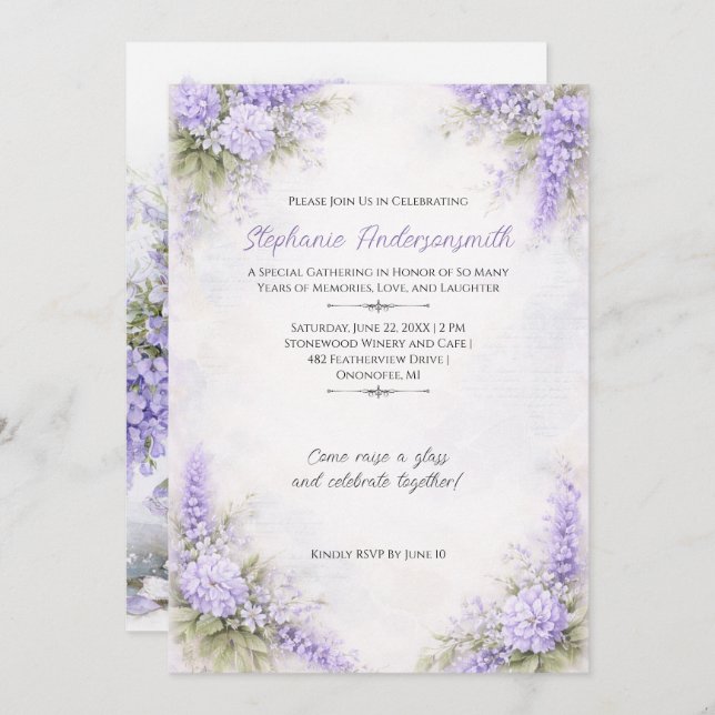 Invitation Lavender Purple Floral Clusters Birthday Party | (Devant / Derrière)