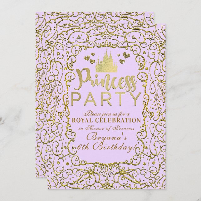 Invitation Lavender Purple Gold Castle Royal PRINCESS PARTI (Devant / Derrière)