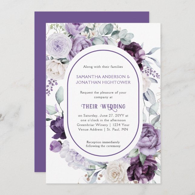Invitation Lavender Purple Peonies Mariage frontière ovale | (Devant / Derrière)