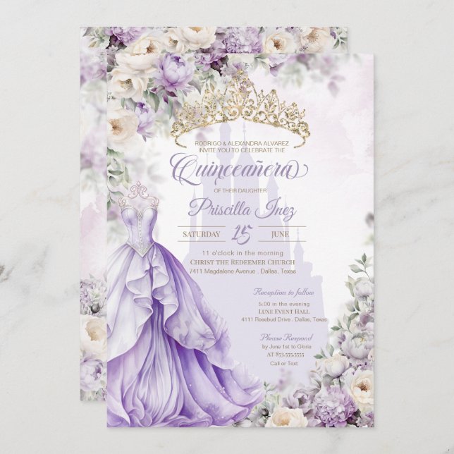 Invitation Lavender Purple Princess Fairytale Quinceañera (Devant / Derrière)