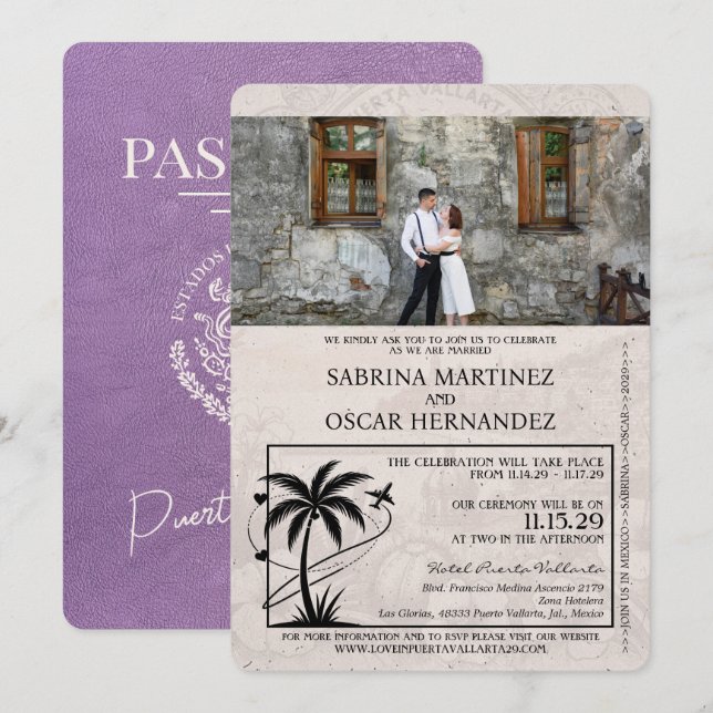 Invitation Lavender Purple Puerta Vallarta Mariage de passepo (Devant / Derrière)
