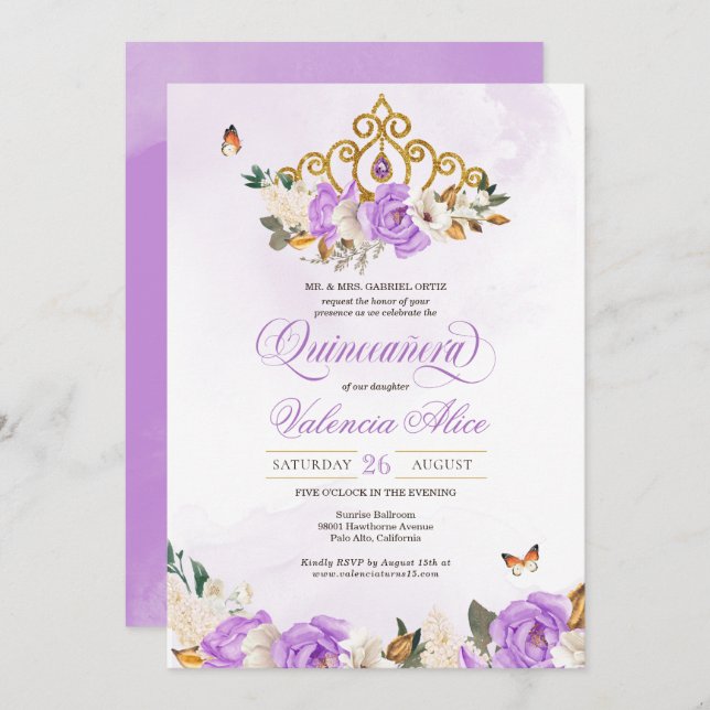 Invitation Lavender Roses Gold Tiara Purple Butple Quince (Devant / Derrière)