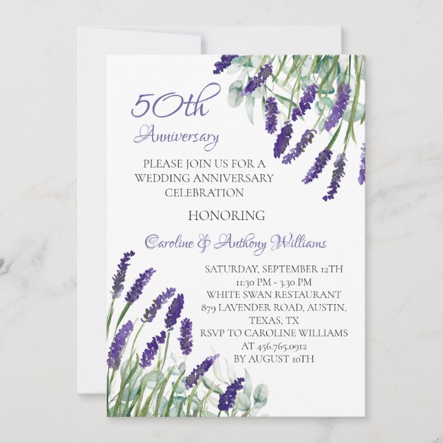 Invitation Lavender Rustic Botanical 50ème anniversaire Maria (Devant)