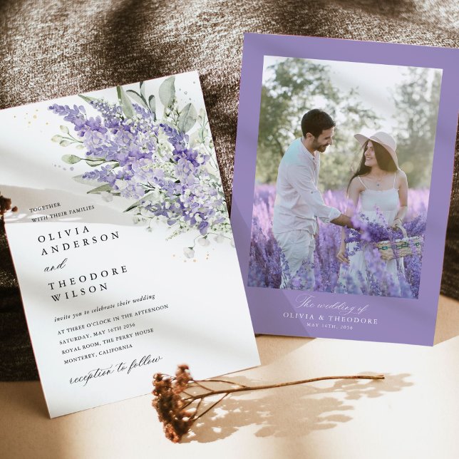 Invitation Lavender & Sage Green Floral Photo Wedding (Lavender sage green floral photo wedding invitation with romantic couple field imagery)