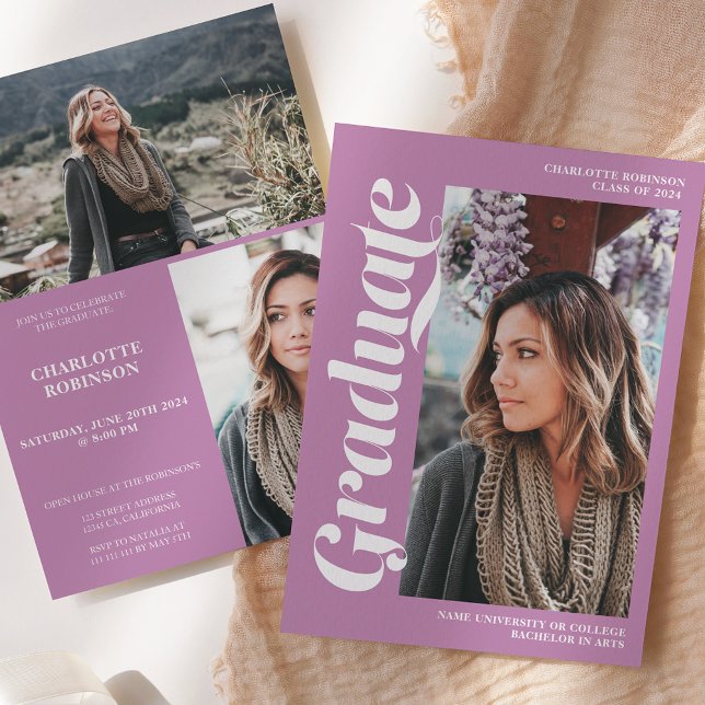 Invitation Lavender script 3 diplôme photo (Lavender graduate script 3 photo graduation invitation)