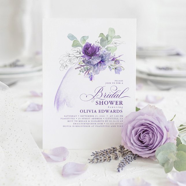 Invitation Lavender Silver Elégante Fête des mariées moderne  (Purple Watercolor Flowers and Gold Greenery Leaves Romantic Botanical Chic Bridal Shower Invitations)