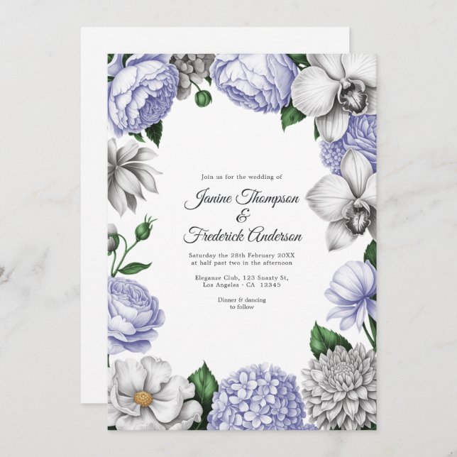 Invitation Lavender & Silver Watercolor Floral Wedding (Devant / Derrière)