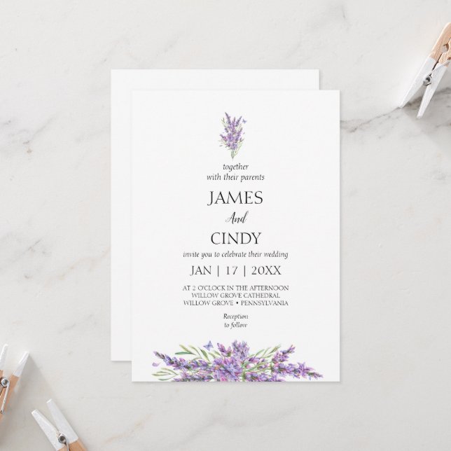 Invitation Lavender souhaite Mariage (Devant/Arrière en situation)