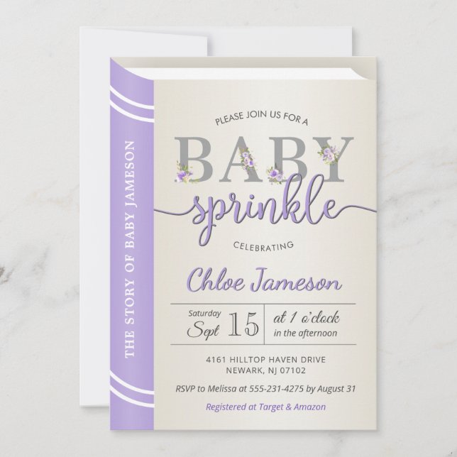 Invitation Lavender Storybook Librairie Baby Girl Sprinkl (Devant)
