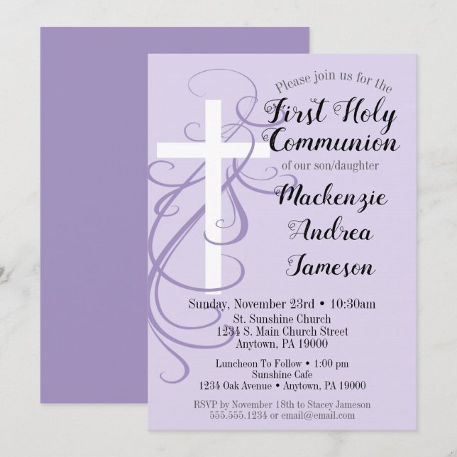 Invitation Lavender Swirl Première Sainte Communion Invitatio (Devant / Derrière)