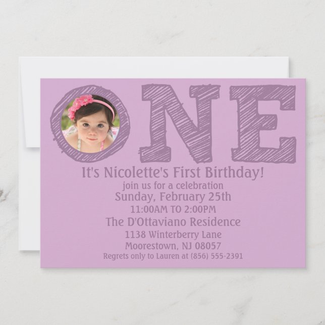 Invitation Lavender The Big One Photo First Birday Party (Devant)