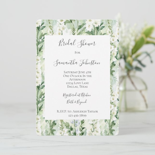 Invitation Lavender White Delphinium Flowers Bridal Shower (Debout devant)
