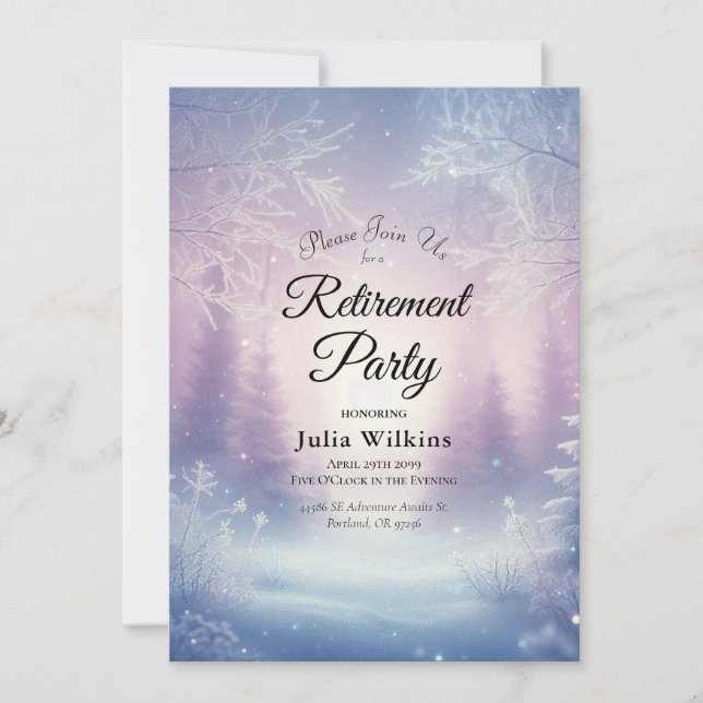 Invitation Lavender Winter Snowfall Retirement Party (Devant)