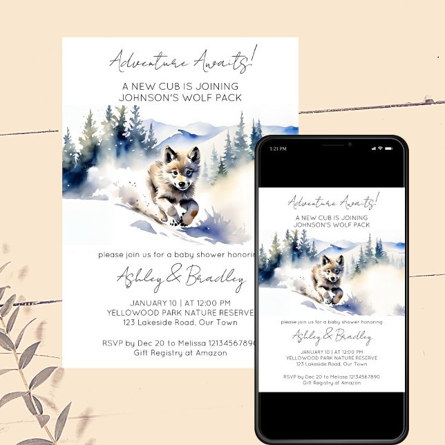 Invitation L'aventure à thème Wolf attend le baby shower (Adventure awaits  wolf winter woodlands themed baby shower editable template invitation download)