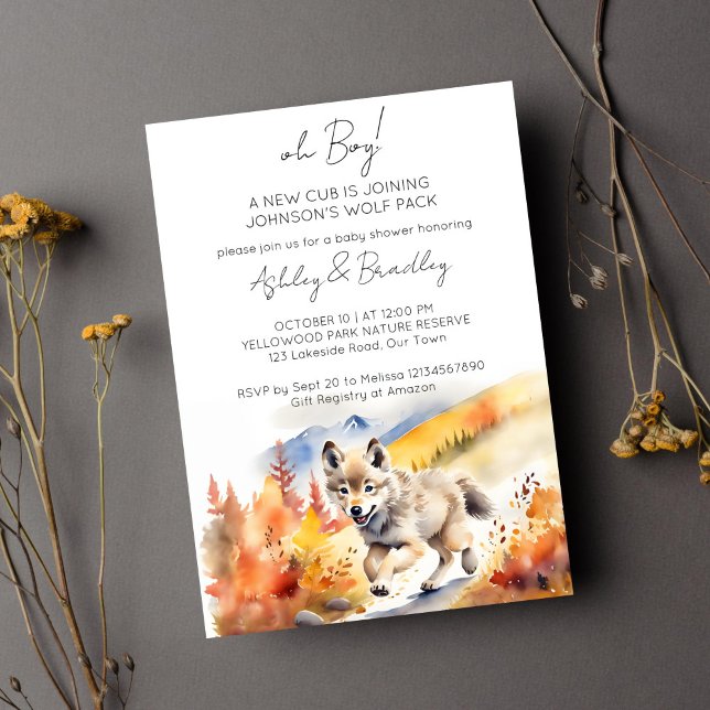 Invitation L'aventure à thème Wolf attend le baby shower (Wolf themed baby shower template invitation digital download cute pup running Alaska wilderness)