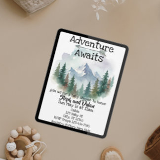 Invitation L'aventure Attend, Baby Shower Bois Aquarelle