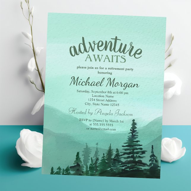 Invitation L'aventure Attend Forêt Montagnes Vert Retraite (Créateur téléchargé)