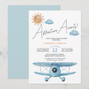 Invitation L'aventure Attend Garçon Bébé Avion Shower