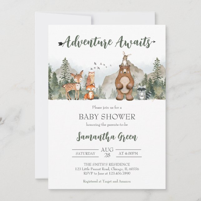Invitation L'aventure attend la baby shower en forêt (Devant)