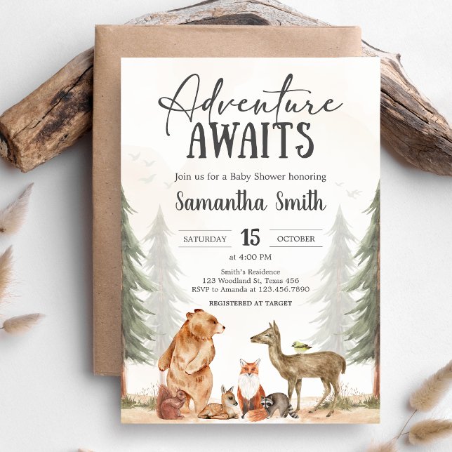 Invitation L'aventure Attend la Fête de Naissance en Forêt (Woodland Baby Shower Invitation)