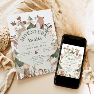 Invitation L'aventure attend les animaux de la forêt Baby sho