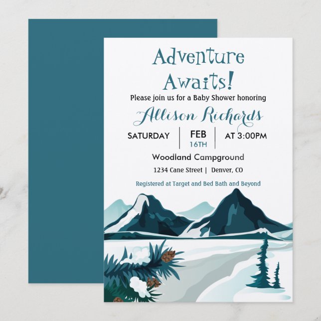 Invitation L'aventure attend montagnes Voyage bébé    douche (Devant / Derrière)