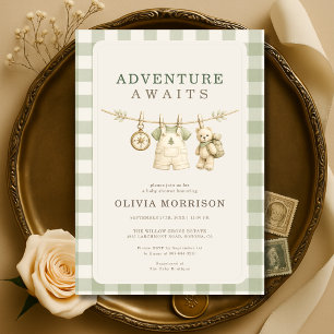 Invitation L'aventure attend Ourson à carreaux Baby Shower