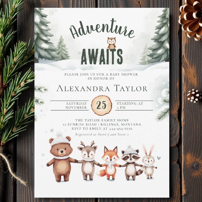 Invitation L'aventure attend un Baby shower d'hiver boisé (winter baby shower invitation adventure awaits woodland animals cute watercolor forest snow cold)