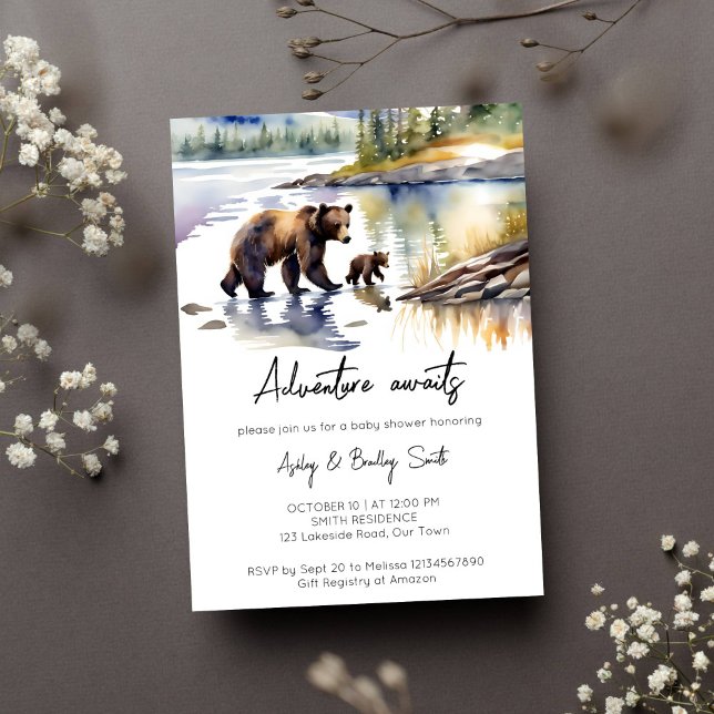 Invitation L'aventure attend un ourson avec baby shower maman (Adventure awaits Alaskan wilderness baby bear cub mother bear by the river baby shower invitation)