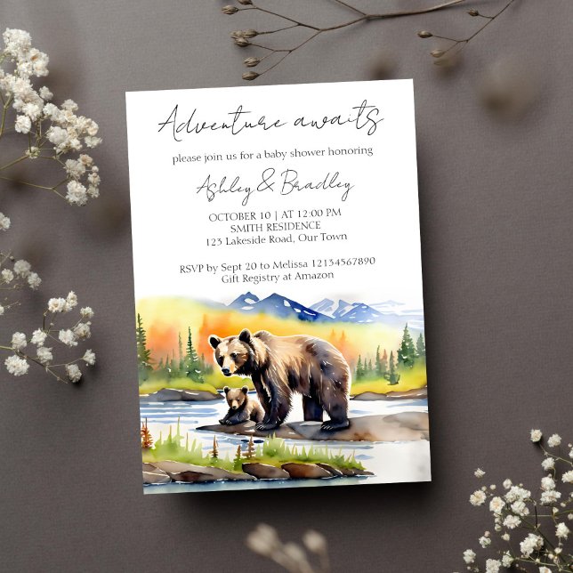 Invitation L'aventure attend un ourson avec baby shower maman (Adventure awaits Alaskan wilderness bear cub with mama bear baby shower template invitation download)