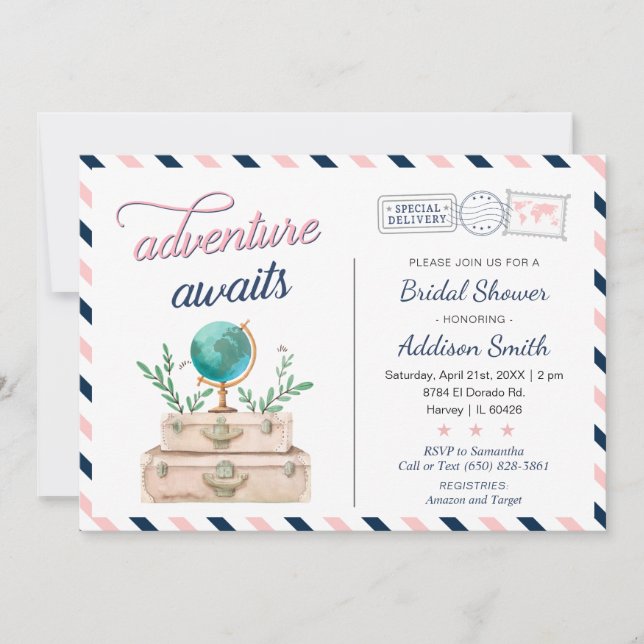 Invitation L'aventure Attend Voyage Briadl Shower Bleu Marine (Devant)