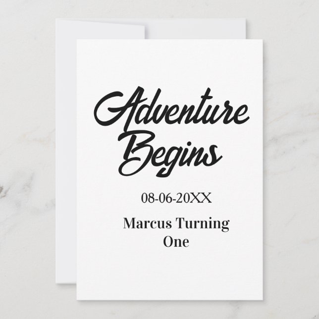 Invitation L'aventure commence 1er anniversaire nom date simp (Devant)