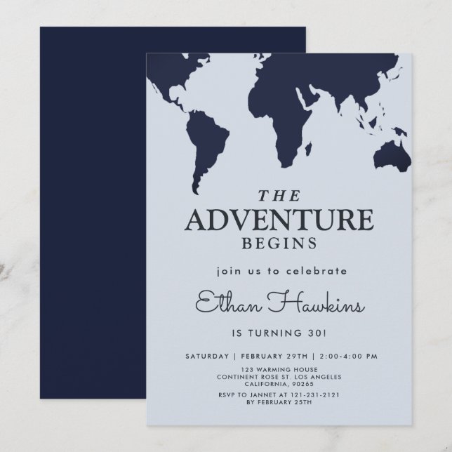 Invitation L'aventure commence Anniversaire World Travel Map  (Devant / Derrière)