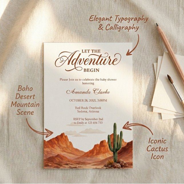 Invitation L'aventure commence Baby Shower Bohème Désert  (Créateur téléchargé)