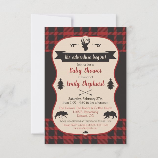 Invitation L'Aventure Commence ! Baby shower Buffalo Plaid (Devant)