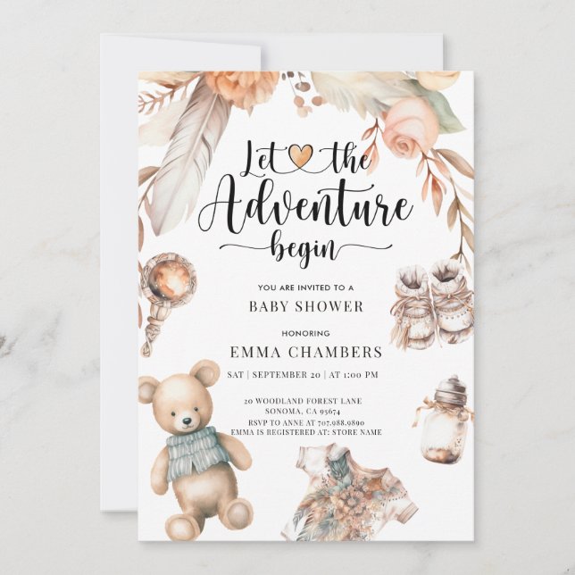 Invitation L'aventure commence Boho Baby shower genre neutre (Devant)