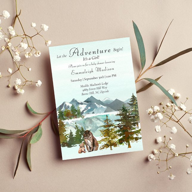 Invitation L'aventure commence fille Lynx Baby shower rustiqu (Créateur téléchargé)