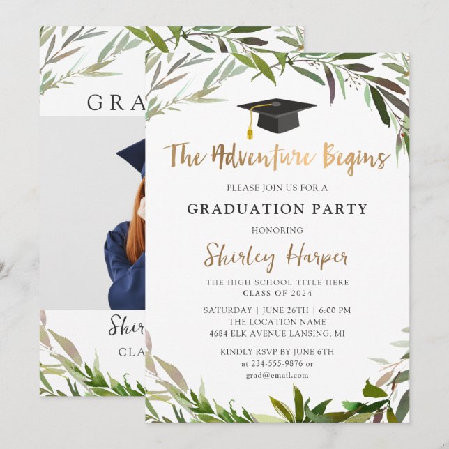 Invitation L'aventure commence Gold Script Green Graduation (Devant / Derrière)