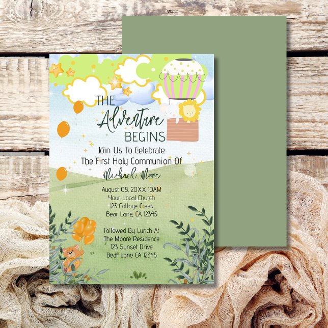 Invitation L'aventure commence Hot Air Balloon 1ère communion (Créateur téléchargé)